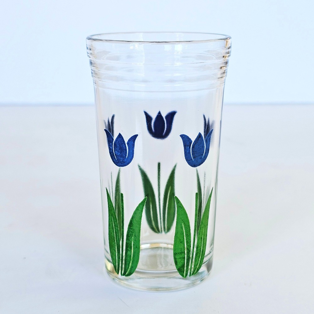 Vintage Blue Tulip Glass Juice Tumbler Floral Mid Century Retro Kitchenware 4in